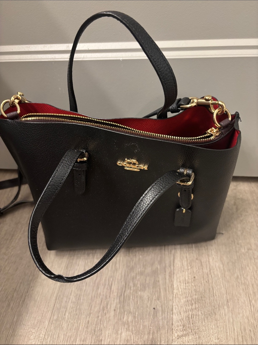 Coach Black Leather Shoulder Tote with Red Interior and Gold Hardware